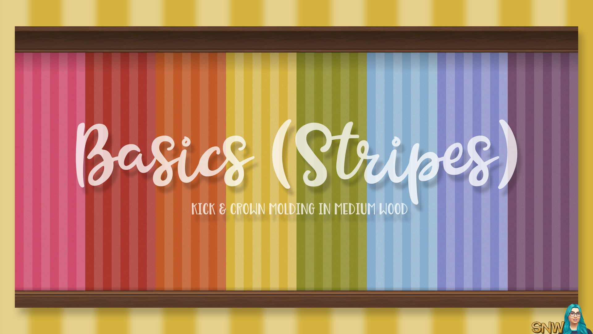 Basics Stripes Wallpaper with Kick and Crown Molding in Medium Wood